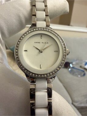 Anne Klein Women's White Ceramic & Silver-Tone Crystal Accent Watch AK/1419WTSV